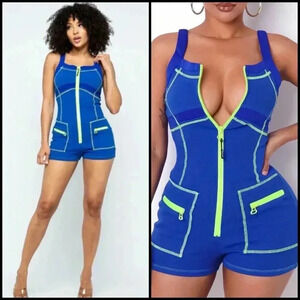 Capsulle Ribbed Neon Accent Mini Short Sleevelesa Romper Streetwear Loungewear S